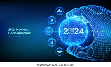 2024 Neujahr Ziele und Pläne Konzept in Form von polygonalen Sphären mit Zahlen 2024 und Ziel in der Wireframe Hand. Geschäftsplan und Strategien. Zielerreichung und Erfolg. Vektorgrafik.