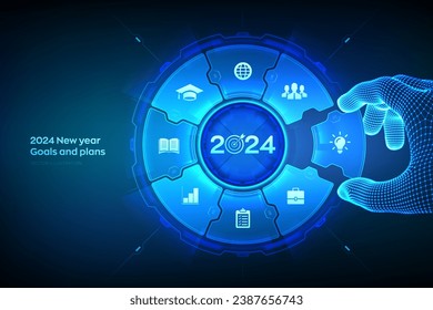 2024 Neue Ziele und Pläne für das Jahr 2024 Wireframe Hand setzt ein Element in eine Komposition, die das Erreichen und den Erfolg von Zielen im Jahr 2024 visualisiert. Business Plan und Strategie Konzept. Vektorgrafik.