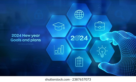 2024 Objetivos y planes para un nuevo año. La mano de Wireframe coloca un elemento en una composición que visualiza el logro y el éxito de Goal en 2024. Concepto de plan de actividades y estrategias. Ilustración vectorial.