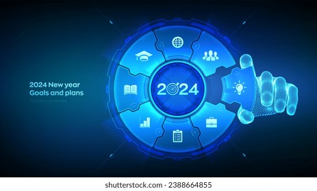 2024 New year Goals and plans. Wireframe hand places an element into a composition visualizing Goal acheiveement and success in 2024. Business plan and strategies concept. Vector illustration.