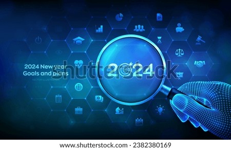 2024 New year Goals and plans. Business plan and strategies. Goal acheiveement and success in 2024 concept with magnifier in wireframe hand and icons. Resolutions, plan, action, checklist. Vector.