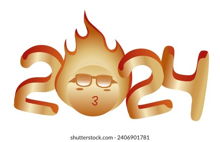 2024 New Year gold fire numbers for greeting cards, banners or posters vector illustration. golden fire  numbers templates with glow light effect, sun wearing sunglasses with flame, isolated on white.