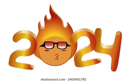 2024 New Year gold fire numbers for greeting cards, banners or posters vector illustration.  golden fire numbers templates with glow light effect, sun wearing sunglasses with flame, isolated on white.