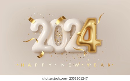 2024 New Year gold metal number. Extend Warm Wishes for a Happy New Year and Merry Christmas with this greeting card. Elegance and festive spirit. Vector 3d realistic