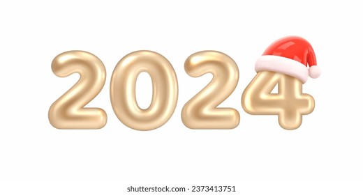 Neujahr 2024 Goldnummer 2024 mit Weihnachtsmütze einzeln auf weißem Hintergrund. Weihnachtsdekorationen. Calendar Header 2024 Frohes Neujahrspopster. Realistische 3D-Vektorgrafik