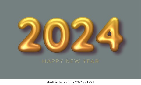 2024 New Year gold numbers for greeting card on grey background. 3d Happy  New Year background. Vector illustration