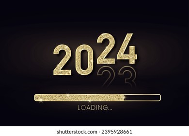 2024 Goldfortschrittsleiste für Neujahr. Goldene Leiste mit glänzenden Teilchen auf schwarzem Hintergrund für Weihnachtsgrußkarte. Design-Vorlage für Feiertagseinladung. Konzept des festlichen Banners