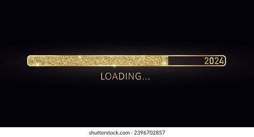 2024 New Year gold progress bar. Golden loading bar with glitter particles on black background for Christmas greeting card. Design template for holiday party invitation. Concept of festive banner