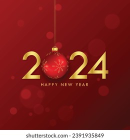 2024 new year golden lettering with xmas snowflake baubles red background