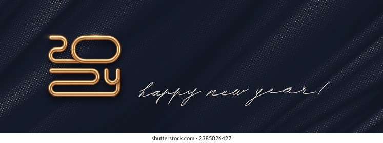 2024 new year golden logo on abstract black textile background. Greeting design with realistic gold metal number of year. Design for greeting card, invitation, calendar, etc.