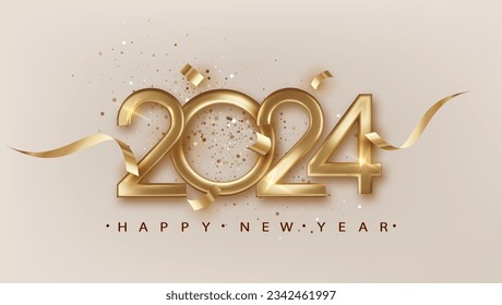 2024 New Year with golden golden ribbon. Elegant festive christmas banner with falling confetti on bright background. 2024 Golden 3d number