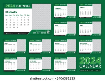 2024 new year green theme desk calendar design monthly set, creative table calendar design 2024