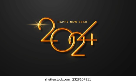 2024 New Year greeting card, elegance horizontal banner template. Luxury 3d realistic thin golden metallic numbers 2024 on black background. Vector illustration