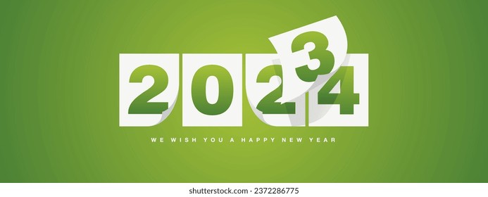 2024 New Year greeting card design template on lucky green background. New Year 2024 start concept. Calendar pages turn in the wind and the new year begins