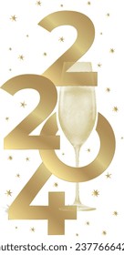 2024 new year greeting card with glass of champagne. White background and gold colors. Elegant New Year's Eve Banner