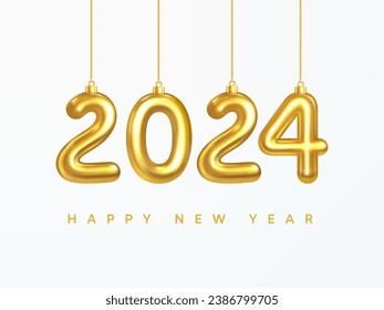 2024 New Year Greeting Card. Number 2024 hanging on a golden Christmas tree thread. Happy New Year. Christmas decoration. Realistic 3d Vector illustration