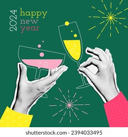 2024 New Year greeting card with glasses of champagne and fireworks. Elegant vintage banner template. Vector illustration in halftone collage style