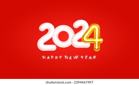 2024 New Year Greeting Card. White and Gold Metal Number on Red Background. Wishes for a Happy New Year and Merry Christmas. Elegance and festive spirit. Vector 3d realistic illustration