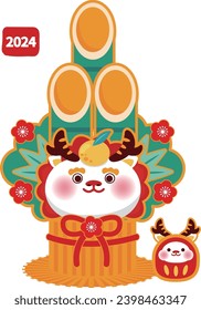 2024 new year greeting card, dragon and kadomatsu cartoon vector illustration