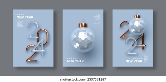 2024 New Year greeting cards, flyers, posters. 3d metallic golden or copper with blue numbers and glossy ball on blue background. Gold realistic 2024. Vector illustration.