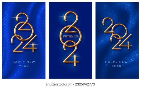 2024 New Year greeting cards, vertical banners template set. Original composition with 3d realistic, glossy thin golden metallic numbers 2024 on sparkling luxury blue background. Vector illustration