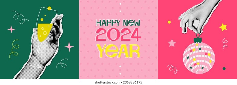 2024 New year greeting cards set with retro halftone collage elements - hands holding champagne glass and mirror ball. Trendy halftone mixed media 90s style. Happy New Year vector banner.