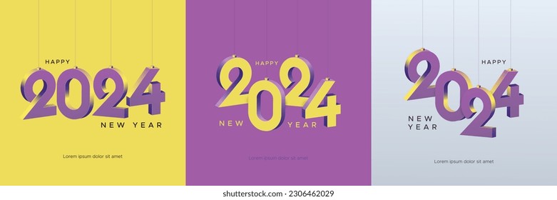 2024 new year greetings with 3D hanging number on modern colour. Happy new year 2024 celebration template