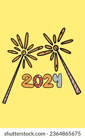 2024 New Year groovy vibes card with sparks and light