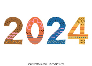 2024 nuevo año número dibujado a mano ilustración vectorial. Feliz Año Nuevo 2024 con letras de arte moderno para banner, plantilla, tarjeta, afiche, felicitación. Elemento de diseño festivo para impresión, papel, decoración
