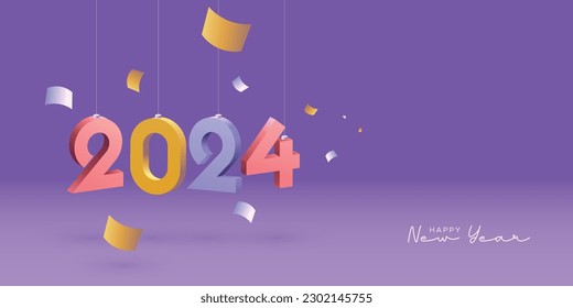 2024 new year with hanging 3D number and page paper flying on purple background. Illustration of change of year