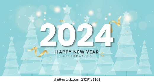 2024 new year. Happy new year 2024 background. New year holidays card with bright lights winter snowy forest and confetti.