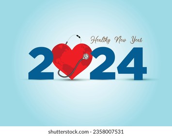 2024 new year Healthcare concept. Healthy new year- creative vector illustration for 2024 new year. Doctor stethoscope with smiling heart and blue background.