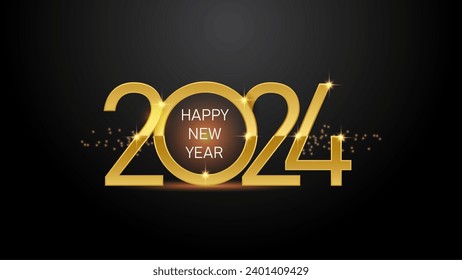 2024 new year horizontal design. Gold shiny graphic vector. Elegant dark background.
