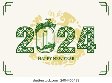 2024 New year icon, Happy Chinese New Year green traditional folk paper-cut art dragon.