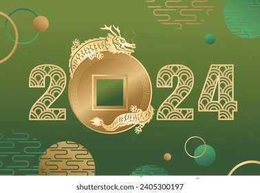 Icono de Año Nuevo 2024, Feliz año nuevo chino, dragón de socorro de oro, copas y moneda de primavera tradicional.