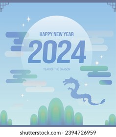 Ilustración de Año Nuevo 2024 con 
fondo de paisaje y dragón