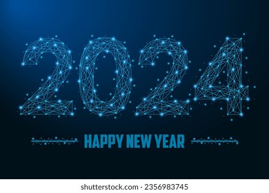 2024 New Year illustration made by points and lines, polygonal wireframe mesh on night sky, dark blue background. Low poly greeting card. Vector.