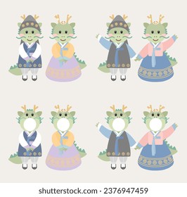 2024 New year. Korean traditional clothes 'hanbok' with dragon character illustration.