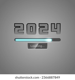 2024 Ladeleiste auf grauem Hintergrund. Vorlage für Neujahr Grußkarte, Einladung oder Banner mit Zahlen und Fortschrittsbalken. Vektorgrafik.