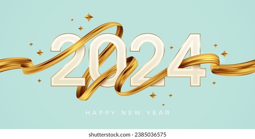 2024 New Year logo with golden paint brushstroke. New Year sign with golden ribbon. Vector illustration.