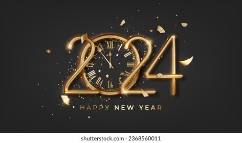 2024 New Year luxury shiny gold numbers, modern design, and a golden 2024 countdown with realistic clock and glitter sparkles.