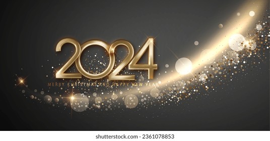 2024 New Year and Merry Christmas shiny gold wave design, radiating elegance and celebration.