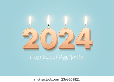 2024 New Year and Merry Christmas holiday party celebrating, greeting card vector illustration. 3d realistic text, 2024 candle numbers with fire, candlelight decor for romantic celebration. on blue.