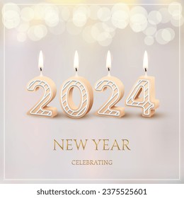 2024 New Year and Merry Christmas holiday party celebrating, 2024 candle numbers with fire. Candlelight beige decor with bokeh and blur for romantic celebration. Greeting card vector illustration.