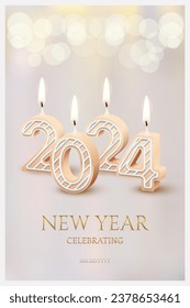 2024 New Year and Merry Christmas holiday party celebrating, 2024 candle numbers with fire. Candlelight beige decor with bokeh and blur for romantic celebration. Greeting card vector illustration.