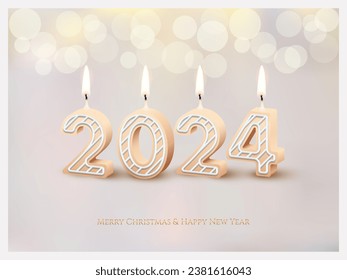 2024 New Year and Merry Christmas holiday party celebrating, 2024 candle numbers with fire. Candlelight beige decor with bokeh and blur for romantic celebration. Greeting card vector illustration.