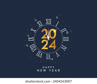 2024 New Year and Merry Christmas banner with gold vintage clock and Roman numerals. 2024 New Year card with golden clock-face dial and decorations. Vector illustration.