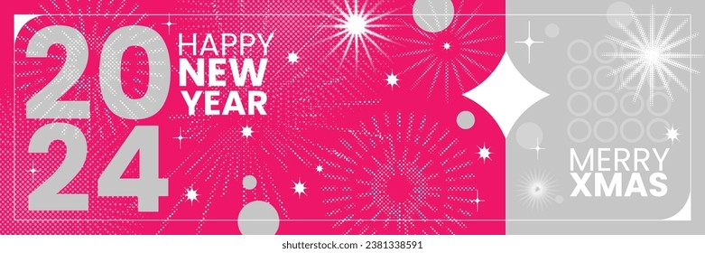 Año Nuevo 2024 Año Nuevo mínimo y2k fondo, tarjeta de felicitación navideña de vacaciones de invierno, afiche de celebración. Afiche retro futurismo brutal del partido, símbolo de fuego de medio tono, copos de nieve, estrellas. plantilla de evento de Año nuevo