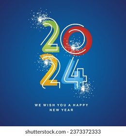 2024 New Year modern white line design neon light over colorful black type typography of year 2024 with sparkle firework sign logo icon on blue background