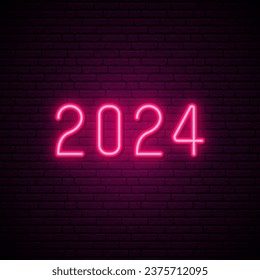 2024 New Year neon signboard on dark brick wall background. 
Pink glowing numbers. Greeting card template.